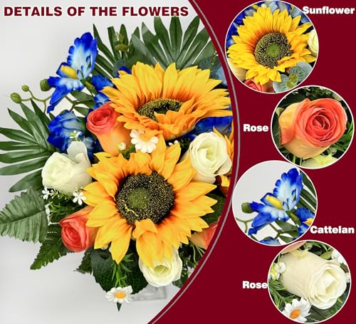 Artificial Cemetery Flowers for Grave Decorations: Sunflower, Rose, Cattleya Bouquet with Vase – Ideal for Sympathy & Memorial Tributes