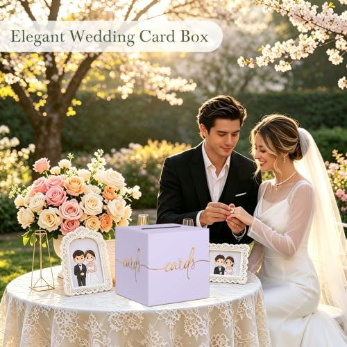 Light Purple Card Box with Gold Foil Design, Paperboard 8.7" Gift Card Holder for Wedding Graduation Birthday Party Reception Retirement Anniversary Bridal & Baby Shower - color: Light Purple Card Box with Gold Foil, size: 8.7×8.7×8.7Inch(1 Pack)