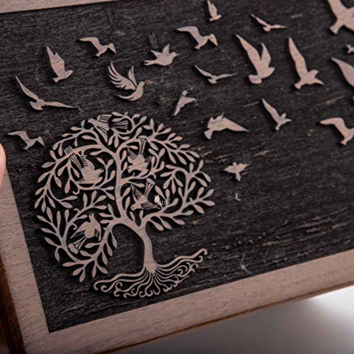 Rosewood Urn for Human Ashes, Tree of Life with Birds, X-Large 380 lb | Hand-carved solid sheesham rosewood, screw-locked sliding base, engraving available, holds up to 380 lb - color: Tree of Life With Birds, size: X-Large (380 lb)