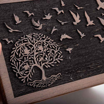 Rosewood Urn for Human Ashes, Tree of Life with Birds, X-Large 380 lb | Hand-carved solid sheesham rosewood, screw-locked sliding base, engraving available, holds up to 380 lb - color: Tree of Life With Birds, size: X-Large (380 lb)