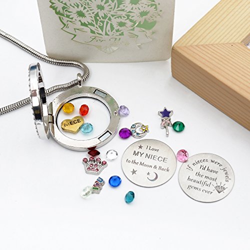 Beffy Locket Gifts for Niece Aunt, Floating Living Memory Necklace Pendant | Pendant Charm & Birthstone for Women, Mothers Day, Birthday, Stainless Steel - color: NiecesAunt-C001