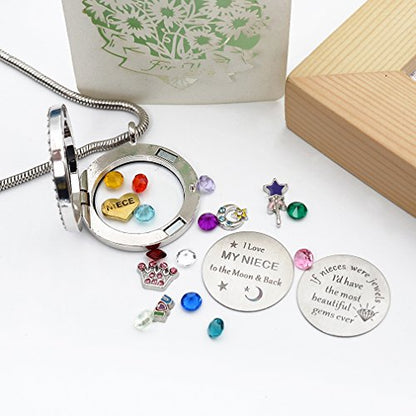 Beffy Locket Gifts for Niece Aunt, Floating Living Memory Necklace Pendant | Pendant Charm & Birthstone for Women, Mothers Day, Birthday, Stainless Steel - color: NiecesAunt-C001
