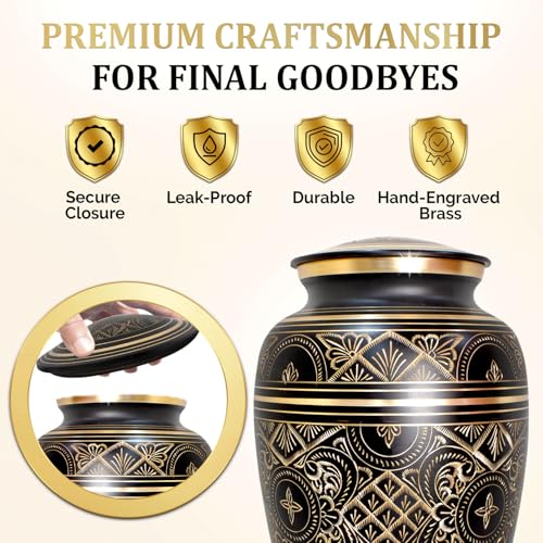 Cremation Urns for Human Ashes – Handcrafted 200 Cu in Brass Memorial Urn with Tight-Seal Lid – A Beautiful, Lasting Tribute for Loved Ones (Black, Large) - color: Black