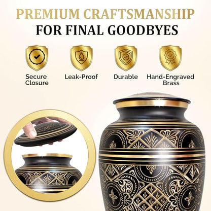 Cremation Urns for Human Ashes – Handcrafted 200 Cu in Brass Memorial Urn with Tight-Seal Lid – A Beautiful, Lasting Tribute for Loved Ones (Black, Large) - color: Black