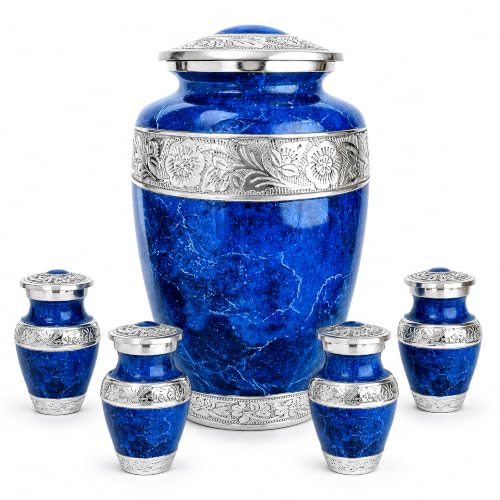 Blue Marble Cremation Urn Set for Human Ashes – Large Adult Memorial Urn with 4 Keepsake Urns, Family Sharing Urn Set, Tribute of Love and Remembrance - color: Blue