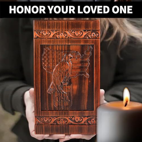 Eagle and American Flag Wooden Urn for Human Ashes Adult – Full Size 300 Cubic Inches Cremation Urn (11.3” H), Carved Solid Wood Patriotic Memorial Urn for Military Veteran or Father
