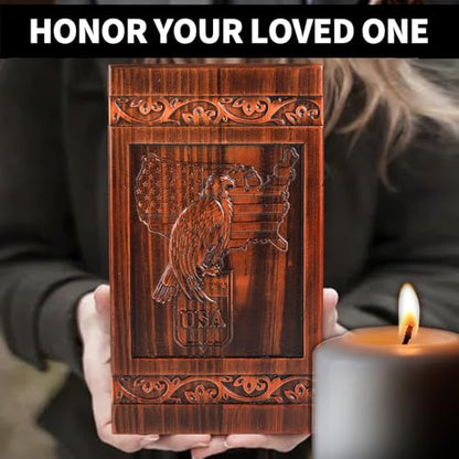 Eagle and American Flag Wooden Urn for Human Ashes Adult – Full Size 300 Cubic Inches Cremation Urn (11.3” H), Carved Solid Wood Patriotic Memorial Urn for Military Veteran or Father