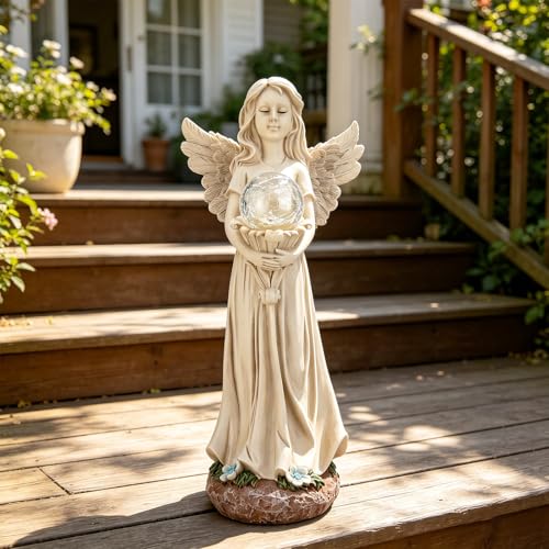 MUMTOP Angel Statues for Garden, White Solar Angels Statue for Cemetery | Lighted Yard Angel Statues Outside with Crackle Glass Ball LED Light,Resin Memorial Figurines Gifts for Women,lawn decoration