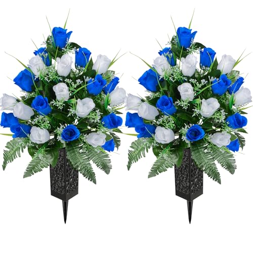 Artificial Cemetery Flowers for Grave, Artificial Rose Memorial Flowers with Vase for Cemetery Headstones Gravesites Decoration Long-Lasting Remembrance (Dark Blue & White) - color: Dark Blue & White