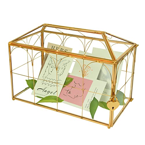 12.6x5.9x9.0inch Wedding Gold Glass Card Box with Lock and Slot - Envelope Card Holder for Reception Handmade Gold Decorative Box, Party Centerpiece Gift Card Box Handmade Wedding Card Box - color: Gold