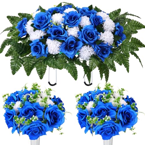 Tigeen 3 Pcs Artificial Cemetery Flowers for Grave Headstone Saddle, Blue | Memorial Flowers Funeral Headstone Saddle Rose and White Chrysanthemum Bouquets with Vase for Headstones Gravesites - color: Blue