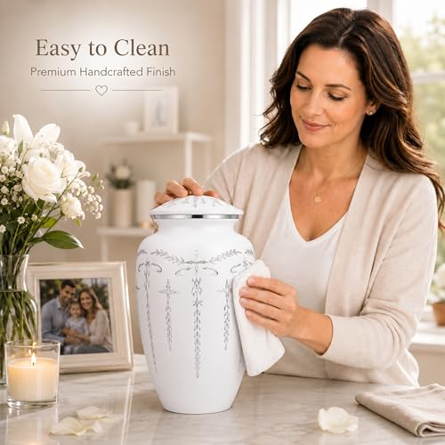 CLEENTABLE Cremation Urn for Human Ashes Adult, 200+ cu in, White Metal | Metal alloy, 11in H x 6.5in W, screw-top lid, 200+ cubic inches, handcrafted, women & men - color: White Silver, size: Classic Silver Vine - 6.5x11"