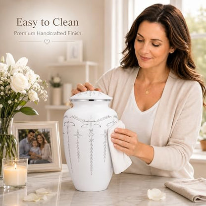CLEENTABLE Cremation Urn for Human Ashes Adult, 200+ cu in, White Metal | Metal alloy, 11in H x 6.5in W, screw-top lid, 200+ cubic inches, handcrafted, women & men - color: White Silver, size: Classic Silver Vine - 6.5x11"