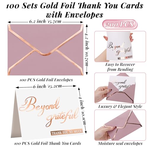 200 Pcs Beyond Grateful Thank You Cards with Envelopes Bulk Rose Gold Thank you Notes with Gold Foil Letterpress 4x6 Inches Blank Note Cards for Wedding Girl Birthday Baby Shower Graduation - color: Rose Gold