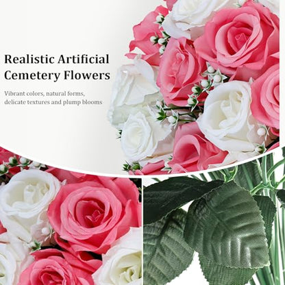 Lewondr Artificial Cemetery Flowers with Vase for Grave, Pink Roses, 2 Pack - color: White+pink