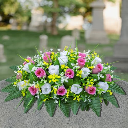 LVXINLI Artificial Cemetery Flowers Saddle-Shaped Tombstone Decorations Non-Fading UV-Resistant（Pink+White Saddle ） - color: Pink+white Saddle