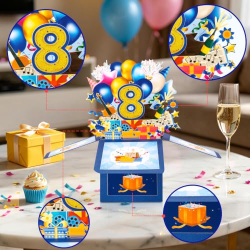 GREETING ART 8th Birthday Pop Up Card for Girl Boy,8 Year Old Birthday Card - color: 8th