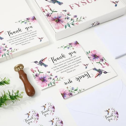 FYSUIMU 50Pcs Funeral Thank You Cards Boxed Purple Floral Hummingbird Sympathy Card with Envelope Sticker Bereavement Cards for Memorial Service Loved Ones Celebration of Life - style: Hummingbird