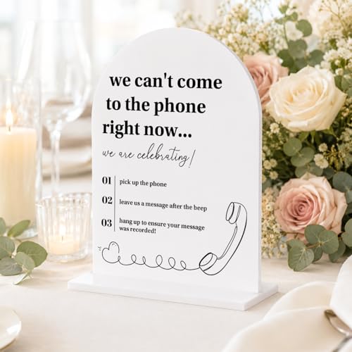 Audio Guestbook Sign for Wedding Reception, Acrylic Phone Guest Book Sign with Instructions - We Can't Come to the Phone Right Now We are Celebrating, Modern Clear Table Top Signage with Stand-5x7 - color: Audio Guestbook Sign