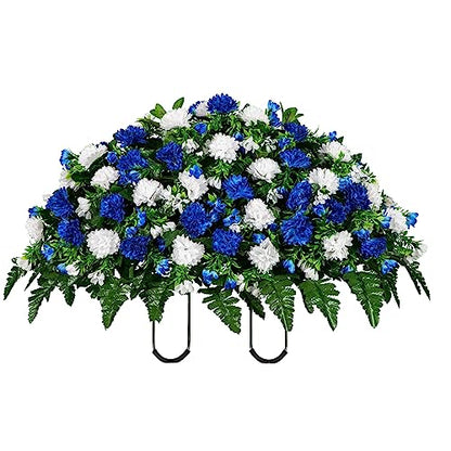 Artificial Cemetery Flowers - Gravesite Memorial Arrangment - Blue & White Garden Mums - (1) Headstone Saddle - color: Blue & White, size: (1) Saddle