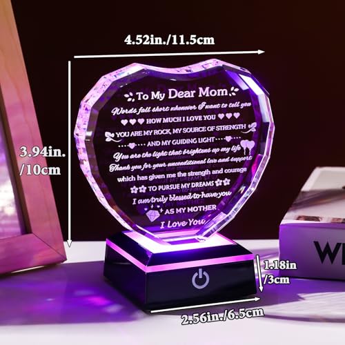 Arikyrist Gifts for Mom with Colorful LED Base Moms Birthday Gifts from Daughter Son to My Mom Gift Crystal Heart Keepsake Best Mother Presents Idea for Christmas Mother's Day Valentine - style: Mom Gifts + Light Base