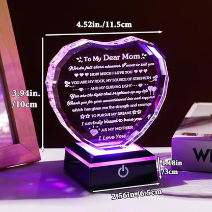 Arikyrist Gifts for Mom with Colorful LED Base Moms Birthday Gifts from Daughter Son to My Mom Gift Crystal Heart Keepsake Best Mother Presents Idea for Christmas Mother's Day Valentine - style: Mom Gifts + Light Base