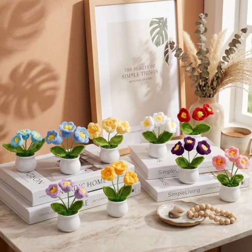 9 Pack Crochet Flower Bouquet Pot Bulk Thank You Gifts Handmade Knitted Flower Mini Floral Plant for Women Coworker Summer Wedding Home Table Car Decor(Lily of The Valley) - style: Lily of the Valley