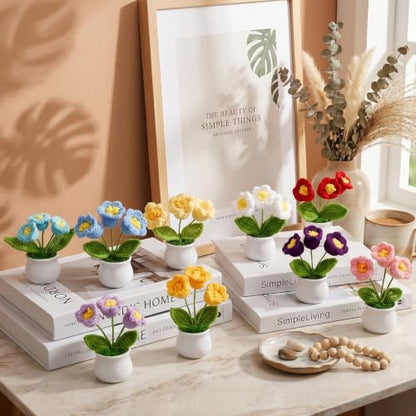 9 Pack Crochet Flower Bouquet Pot Bulk Thank You Gifts Handmade Knitted Flower Mini Floral Plant for Women Coworker Summer Wedding Home Table Car Decor(Lily of The Valley) - style: Lily of the Valley