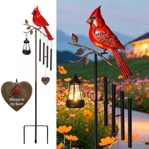 Cardinal Solar Wind Chime, Memorial Garden Stake Yard Decor - color: Red 2