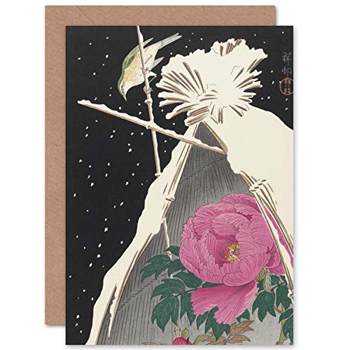 Artery8 Ohara Koson Siberian Bluechat Next To A Peony Fine Art Greeting Card Plus Envelope Blank Inside - color: Siberian Bluechat
