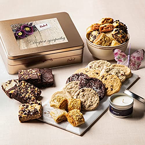 Dulcet Gift Baskets Sympathy Food Gift Baskets ‘Classic Tin Treats Within’ Dulcet Gift Basket - Delux Food Basket of Gourmet Freshly Baked Goods - Assortment of Fudge Blondies, Cookies, and 1 Pound of Rugelah - Gift Basket for All Occassions - color: Symp