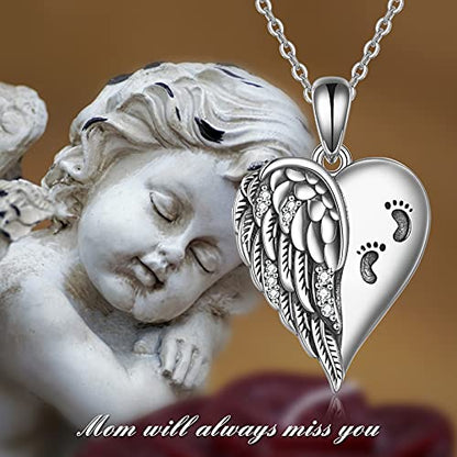 YFN Guardian Angel Wings Heart Necklace Sterling Silver Angel Wings Memorial Sympathy Jewelry for Women Girls Gifts - style: angel memorial necklace