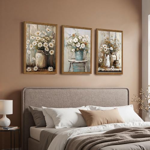 DUWQU Triptych Rustic Farmhouse Daisy Framed Canvas Wall Art 16x24 inch x3 - color: flower(Framed), size: 24"L x 16"W