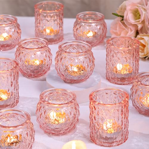 DARJEN Pink Votive Candle Holders Set of 24- Round Glass Candle Holders Bulk for Flameless LED Tea Waxes, Romantic Candle Holder for Wedding & Various Parties, Home Table Decor - color: Pink, size: 24 Pcs