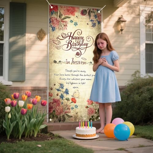 Happy Birthday in Heaven Door Banner, Funeral Memorial Flags, Happy Heaven Birthday Banner for Condolence Anniversary Memorial Decoration, 70.8 x 35.4 inch