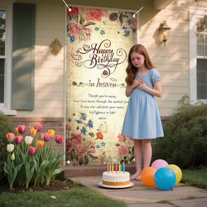 Happy Birthday in Heaven Door Banner, Funeral Memorial Flags, Happy Heaven Birthday Banner for Condolence Anniversary Memorial Decoration, 70.8 x 35.4 inch