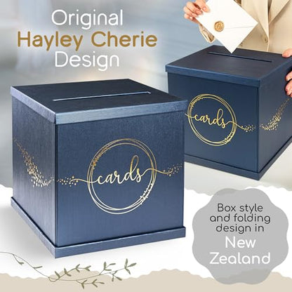 Blue & Gold Card Box, Large 10x10 Navy Gift Card Box for Party, Graduation | Wedding Reception, Bridal & Baby Shower, Sweet 16, Funeral, Birthday, Quinceanera, Retirement, Envelope Holder, Money Basket