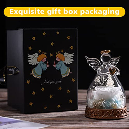 Preserved Real Rose in Glass Angel Figurine with LED Light, Angel Gifts for Women, Mom, Grandma on Mother's Day Christmas Birthday (White) - color: White