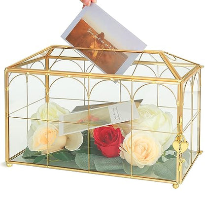 Glass Wedding Card Box with Lock, 12.6x5.9x9 inches Large Gold Card Boxes | Wedding Card Boxes for Reception, Glass Card Box for Wedding, Graduation, Keepsake Display, Party Centerpiece Decorative Box - size: 12.6 x 5.9 x 9 Inches with Arch