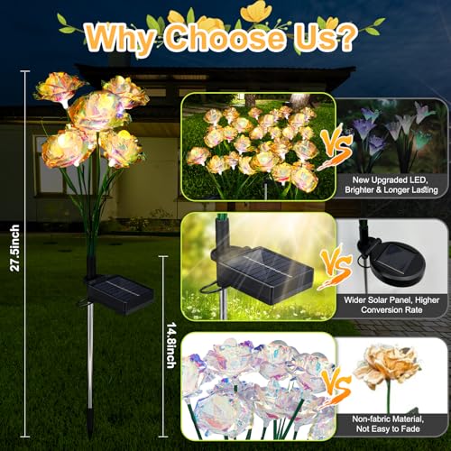 [24 Bigger Roses] Solar Garden Lights Outdoor, Birthday Gifts for Mom Women Preserved Flowers Solar Light, IP65 Waterproof Garden Decoration for Outside Yard Patio Lawn Path Cemetery Grave-Auto ON/Off