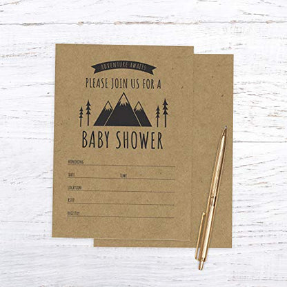 Canopy Street Adventure Awaits Baby Shower Invitations / 25 Mountain Themed Fill In The Blank Gender Neutral Baby Shower Invites / 5" x 7" Flat Boy Or Girl Gender Reveal Invitation - color: Adventure Awaits
