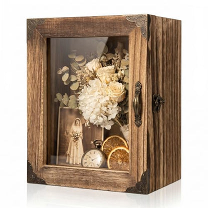 5.1" Extra Deep Shadow Box Frame 8x10, | Display Case, Rustic Wood Memory Box with Vintage Lock and Handle for wedding Flowers and Keepsakes, Carbonized Brown
