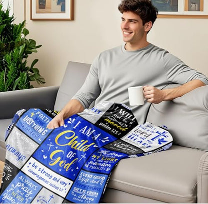 Christian Blanket Gifts for Men, Baptism Gifts for Boys, Inspirational Birthday Religious Catholic Spiritual Gift for Man Son Dad, Bible Verse Throw Blanket 50"x40" - color: Blue Christian