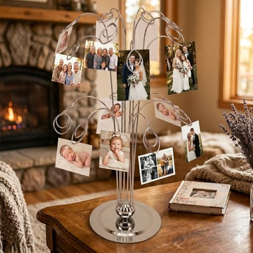 HOHIYA 14" Photo Display Tree with 12 Clips Stainless Steel Stand | Displays photos, cards, notes and memories with 12 clips for home, weddings, offices and seasonal celebrations.