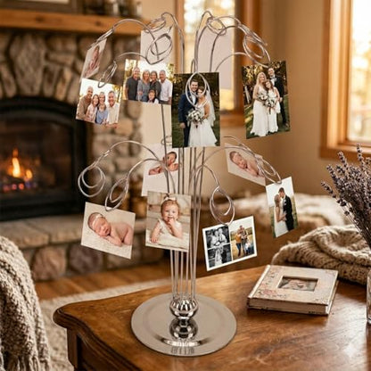 HOHIYA 14" Photo Display Tree with 12 Clips Stainless Steel Stand | Displays photos, cards, notes and memories with 12 clips for home, weddings, offices and seasonal celebrations.