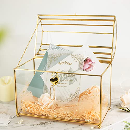 Gold Wedding Glass Card Box with Slot and Heart Lock, Large Clear Card Box for Wedding Reception, Bridal Shower, Handmade Brass Glass Display Box Weddings Centerpiece - color: slot and heart lock