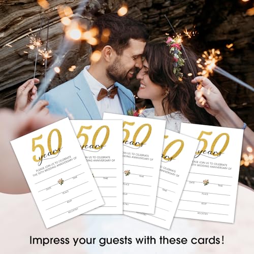 50 Years Anniversary Bridal Shower Invitations Cards, Set of 25 Gold Foil Floral Fill in Style 50th Year Wedding Invites Cards with Envelopes for Couples Marriage Party Supplies-T05 - color: 50 Years-01