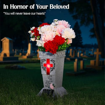 Lewondr Solar Cemetery Vases for Grave, Cross Grave Vases with Spikes | Waterproof Memorial Flower Holder with Solar LED Cross Light,Sympathy Gifts for Loss of Loved One, Gray - color: Gray