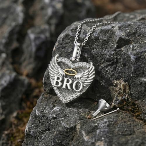Family Members Urn Necklace for Ashes 925 Sterling Silver Angel Wings Heart Cremation Memorial Keepsake Pendant Jewelry for Loved One's Ashes, with 18" + 2" Stainless Steel Chain - style: Heart-Brother
