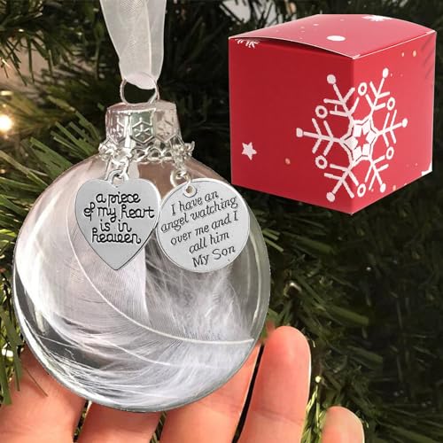 Clear Christmas Memorial Ornament Feather Ball, A Piece of My Heart is in Heaven Loss of Loved One Son Christmas Tree Hanging Sympathy Gift with Silk Ribbon & Red Gift Box - color: Son